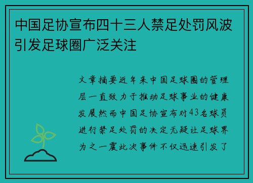 中国足协宣布四十三人禁足处罚风波引发足球圈广泛关注
